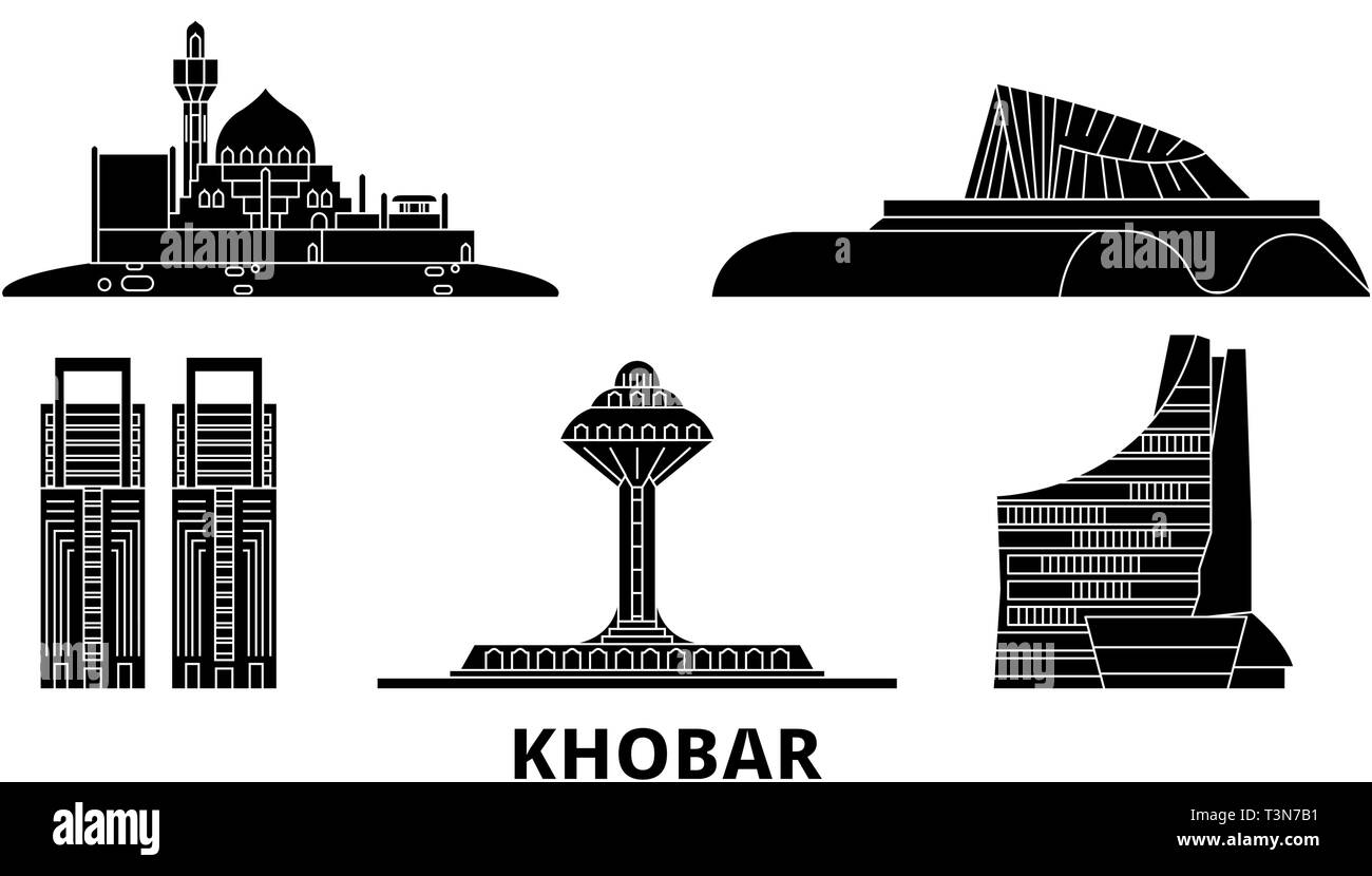 Saudi Arabia, Khobar flat travel skyline set. Saudi Arabia, Khobar black city vector illustration, symbol, travel sights, landmarks. Stock Vector