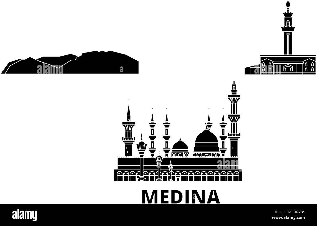 Saudi Arabia, Medina flat travel skyline set. Saudi Arabia, Medina black city vector illustration, symbol, travel sights, landmarks. Stock Vector