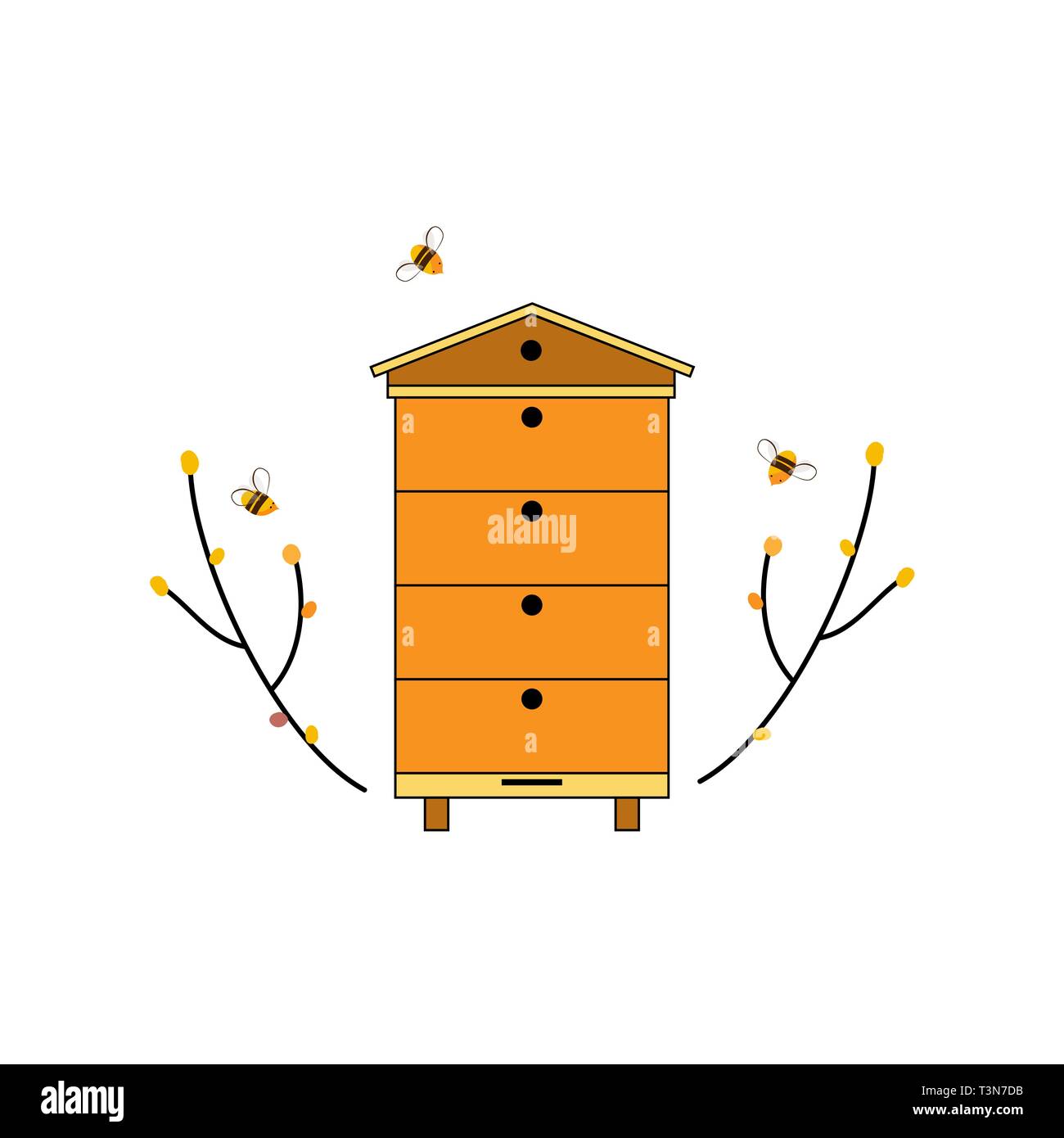 Beehive icon with bees and tree branches. Forest bee farm concept. Logo or design element for web design isolated on white. Stock Vector