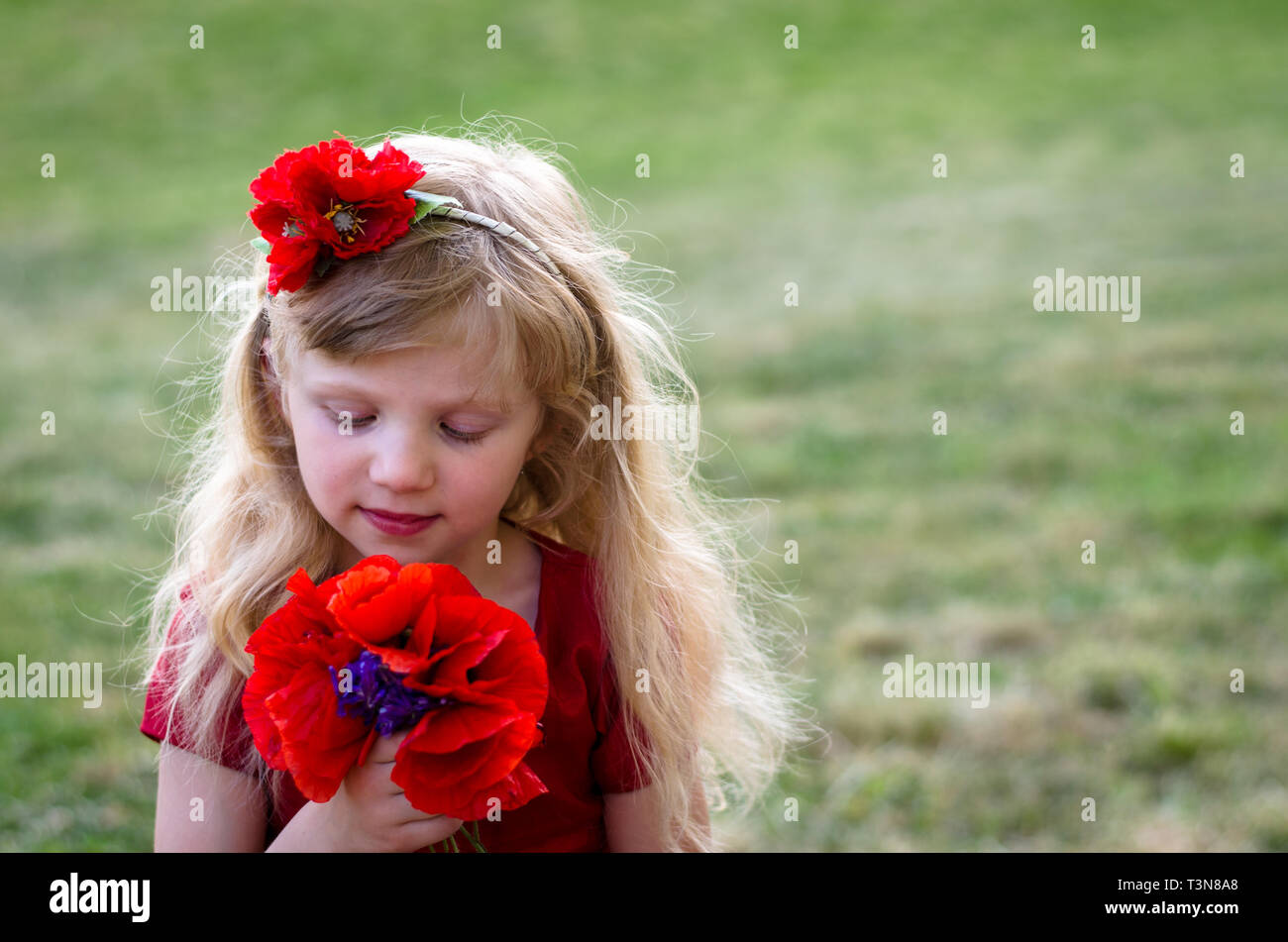 blond girl with long hair and red flowers Stock Photo