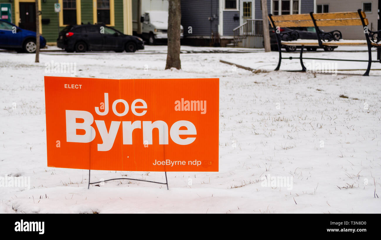 Signage of Joe Byrne from The New Democratic Party of Prince Edward Island for the 2019 provincial election in the snow morning in Charlottetown Stock Photo