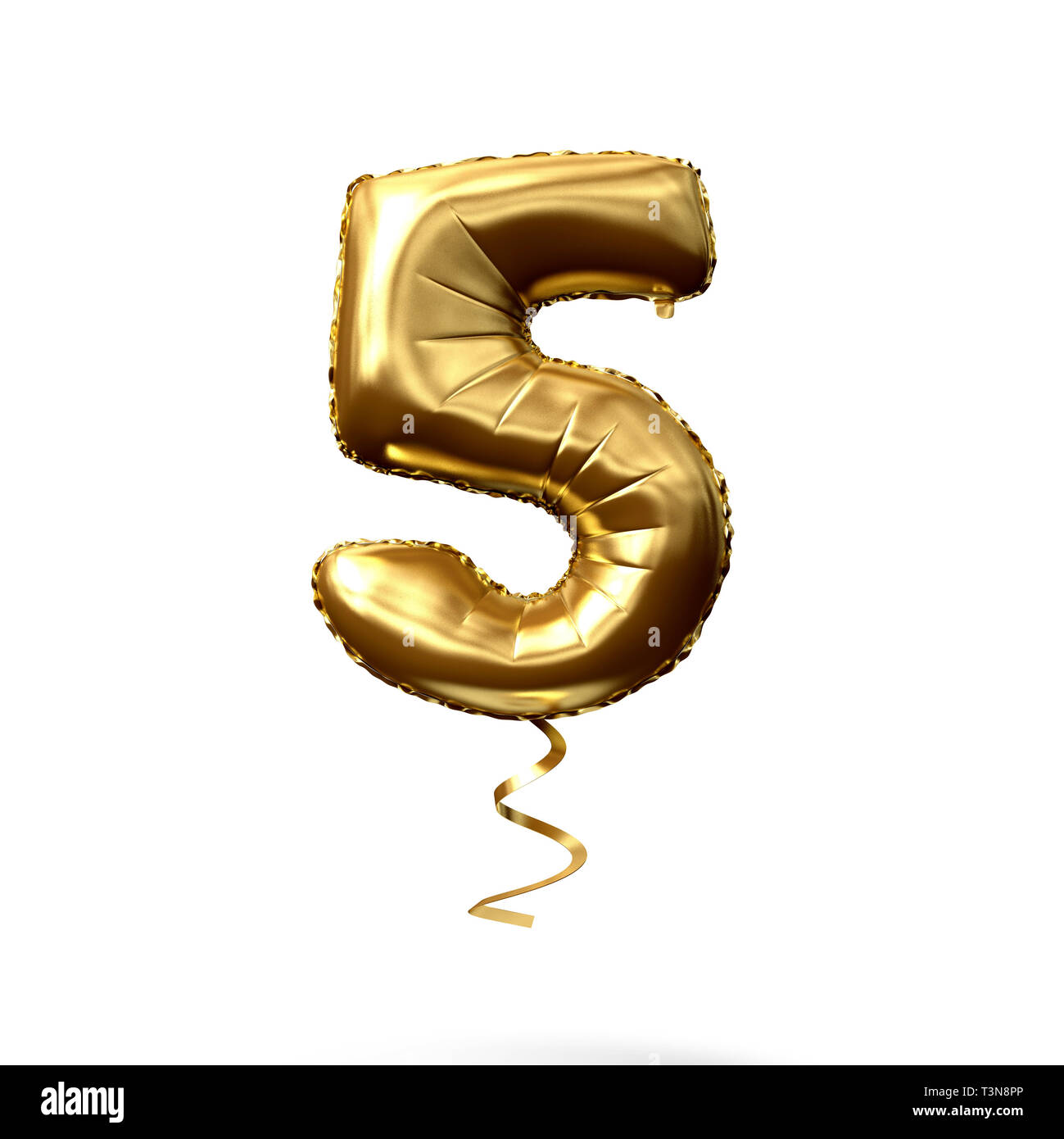 Number 5 gold foil helium balloon isolated on a white background