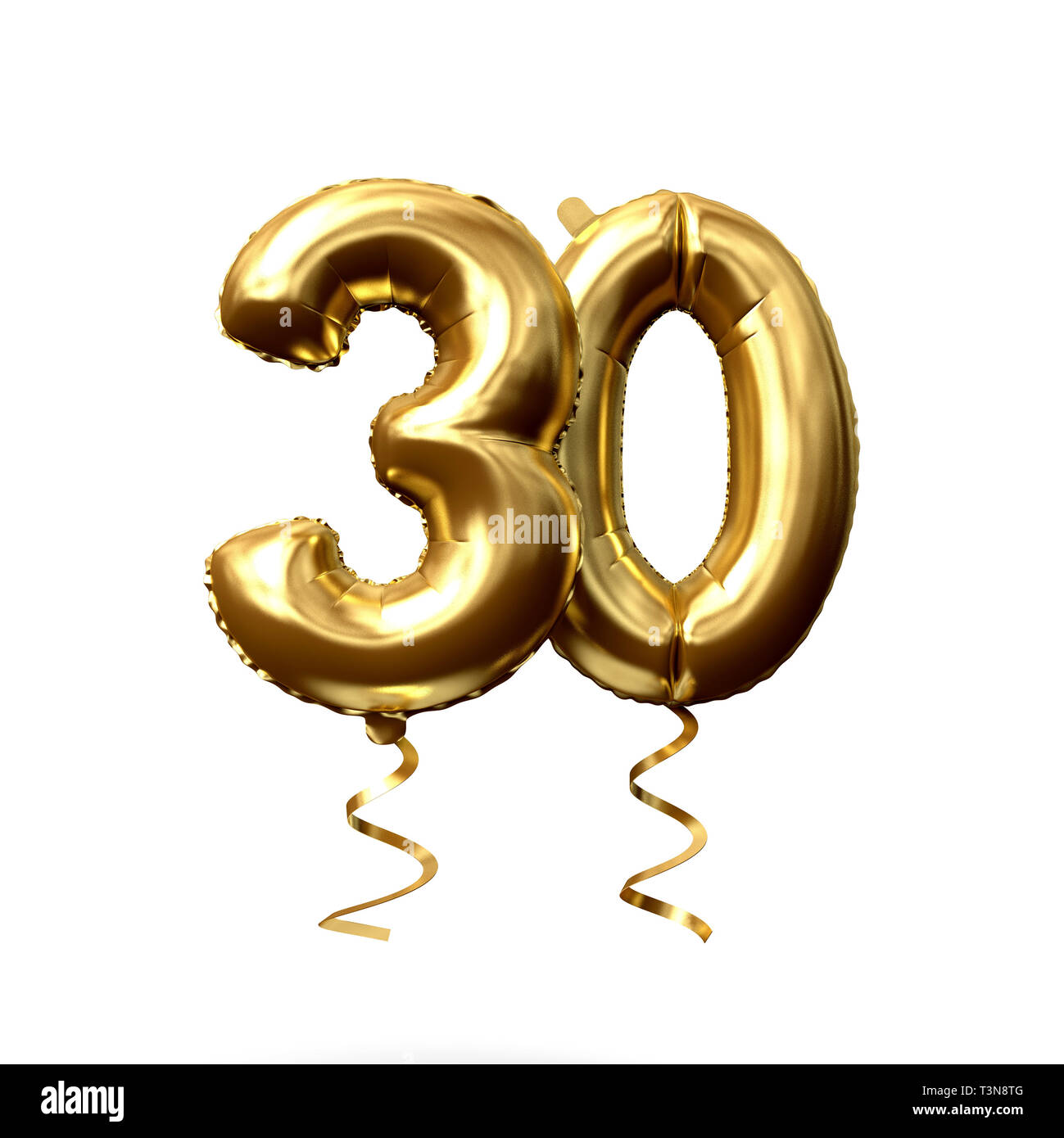 Number 30 gold foil helium balloon isolated on a white background. 3D  Render Stock Photo - Alamy