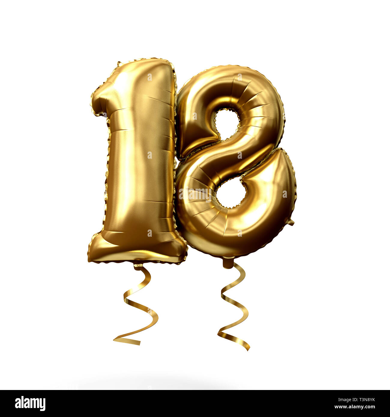 Number 18 gold foil helium balloon isolated on a white background. 3D  Render Stock Photo - Alamy