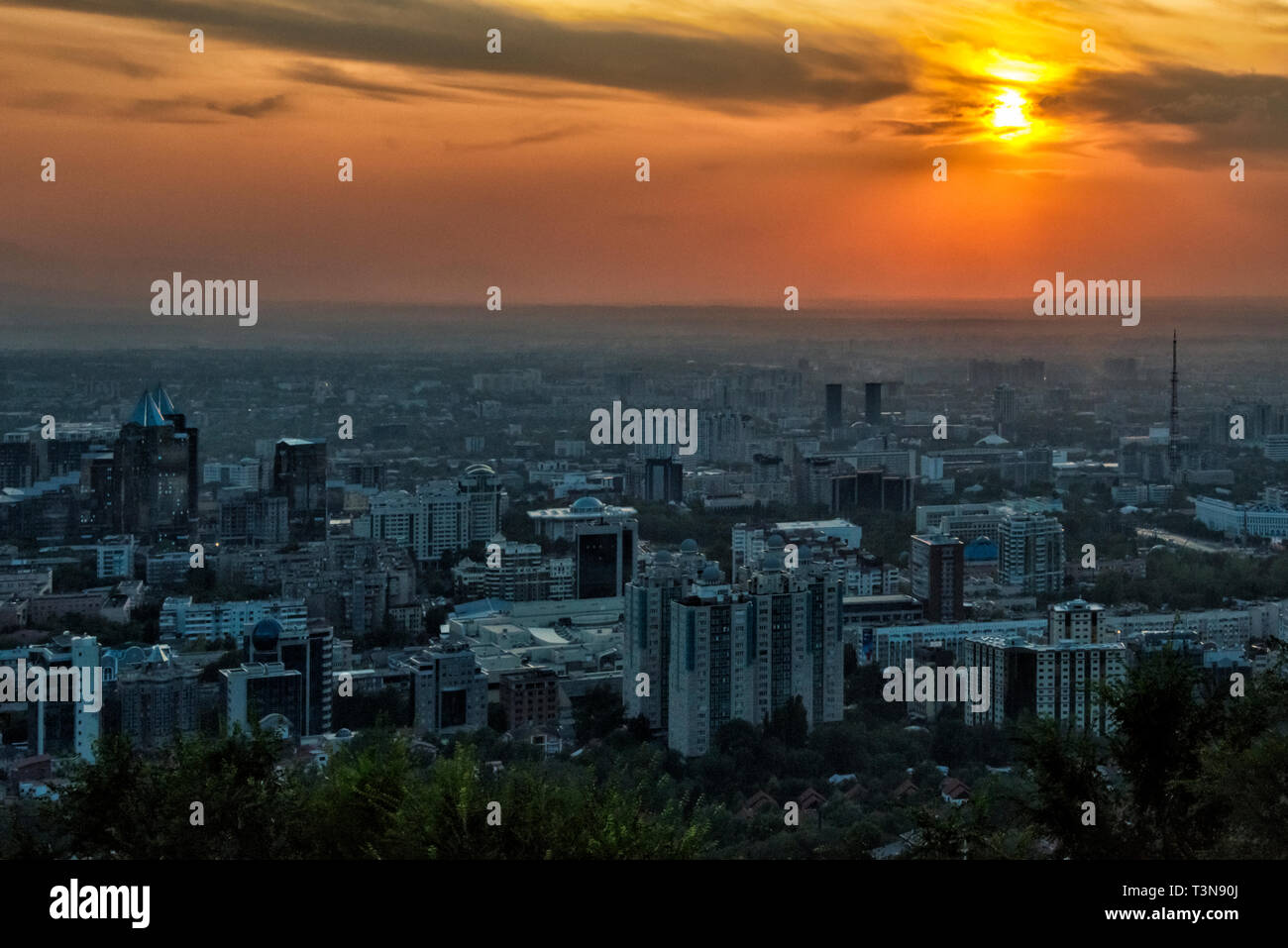 Sunset view of Almaty cityscape from Kok-tobe Hill, Almaty, Kazakhstan Stock Photo