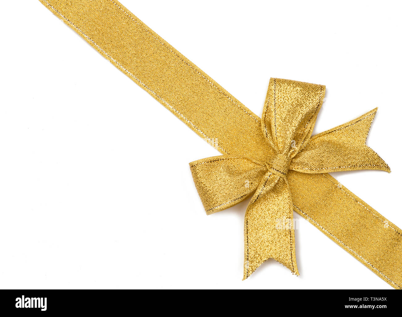 Golden ribbon with bow isolated on white Stock Photo - Alamy