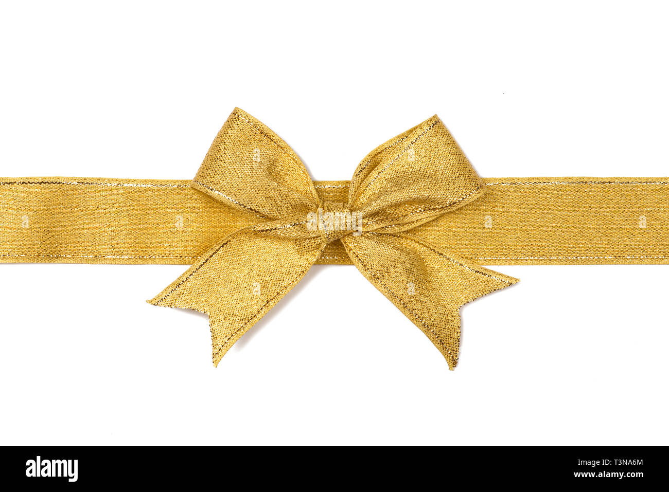 Golden ribbon with bow isolated on white Stock Photo