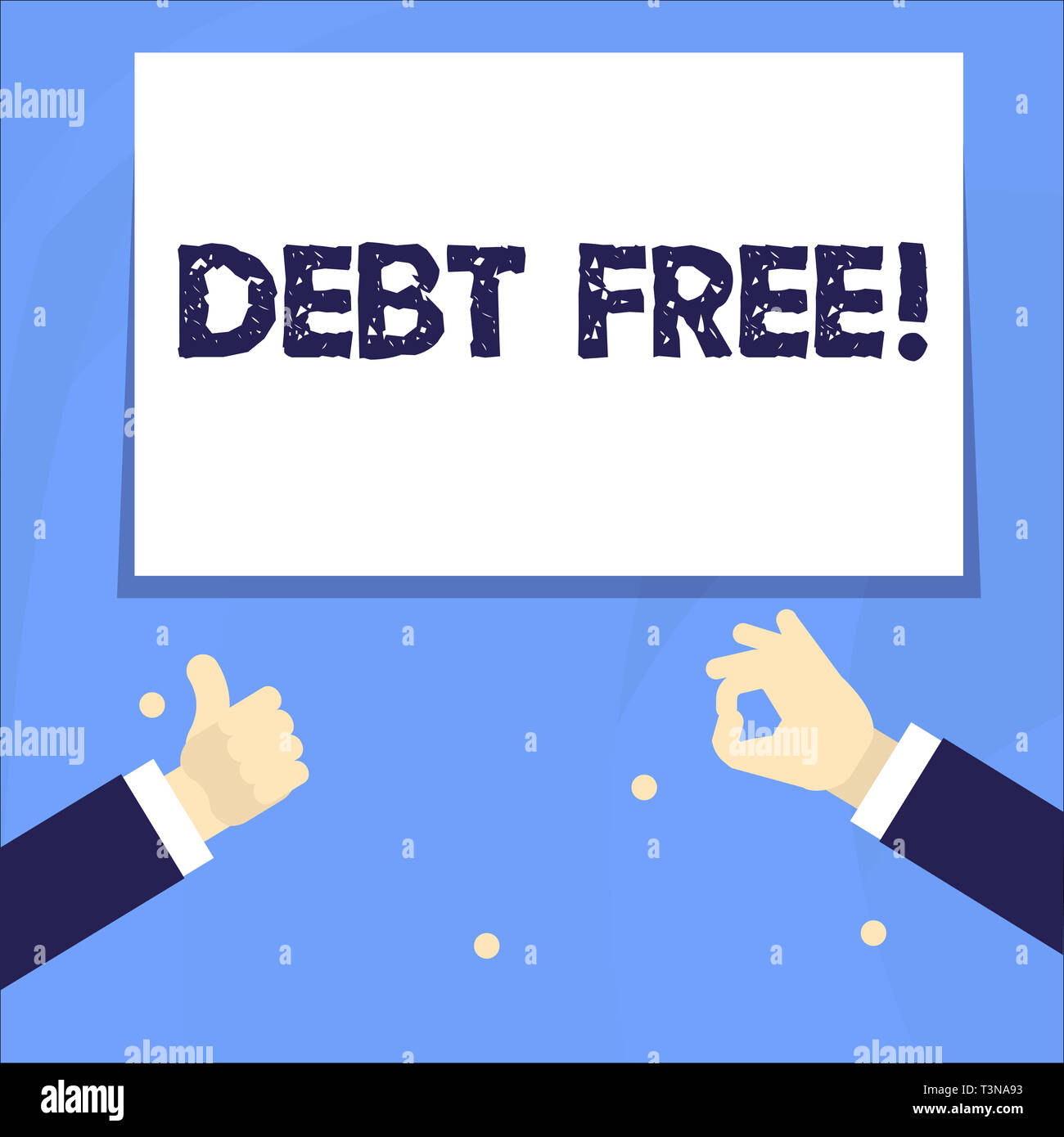 Conceptual hand writing showing Debt Free. Concept meaning does not owning any money or things to any individual or companies Two Businessmen Hands Ge Stock Photo