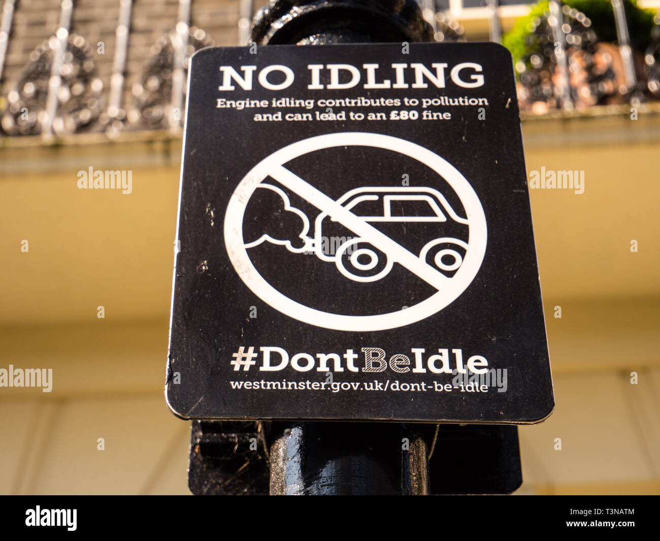 No Idling Sign, to Combat Air Pollution, Westminster, London, England, UK, GB. Stock Photo