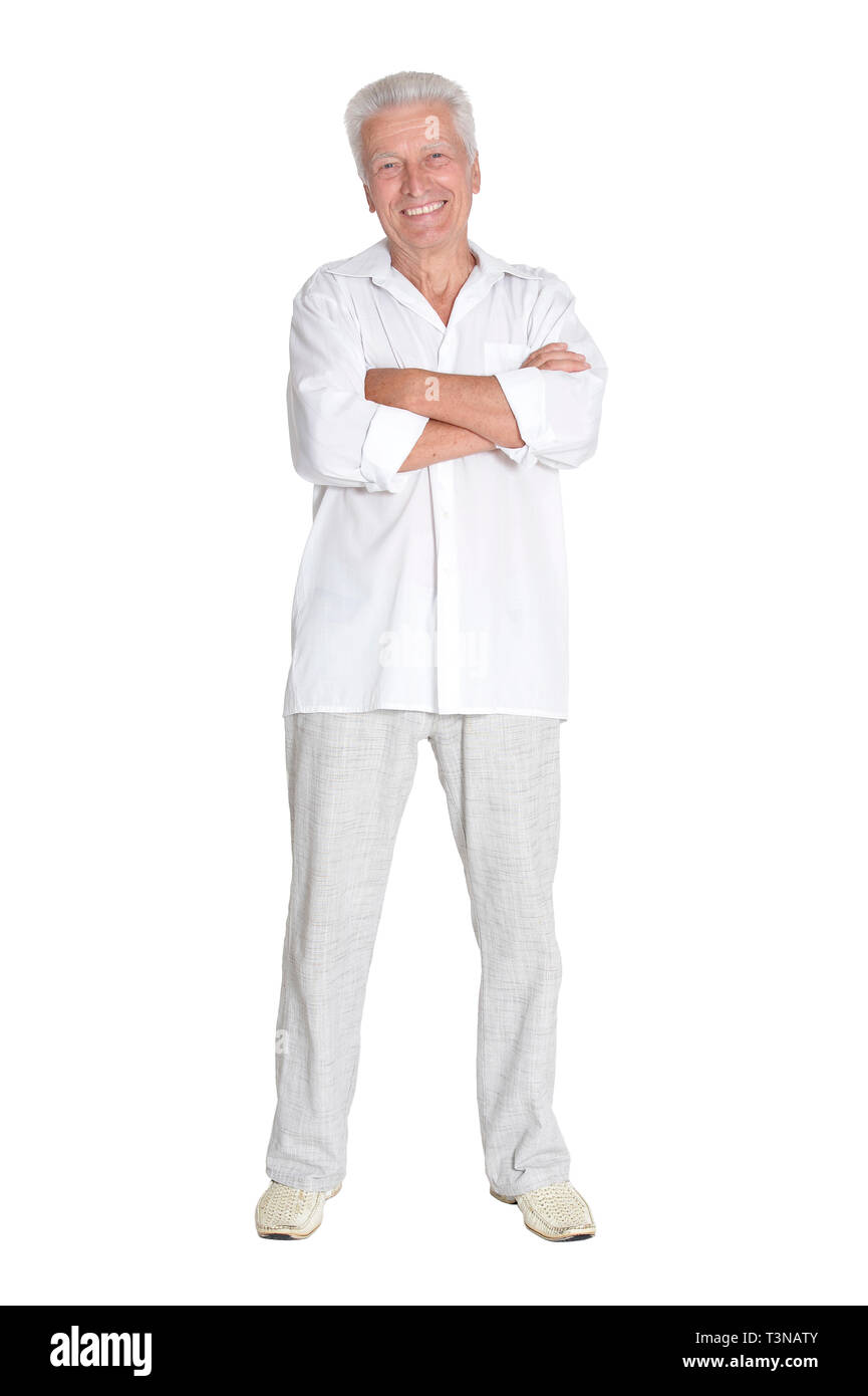 Portrait of senior man posing isolated on white background, full length ...