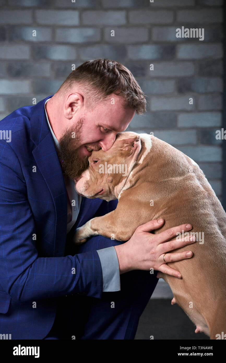 dog bulli and her owner, her loving master who holds the dog in her arms, hugs and kisses. The dog feels good on the owner's hands Stock Photo