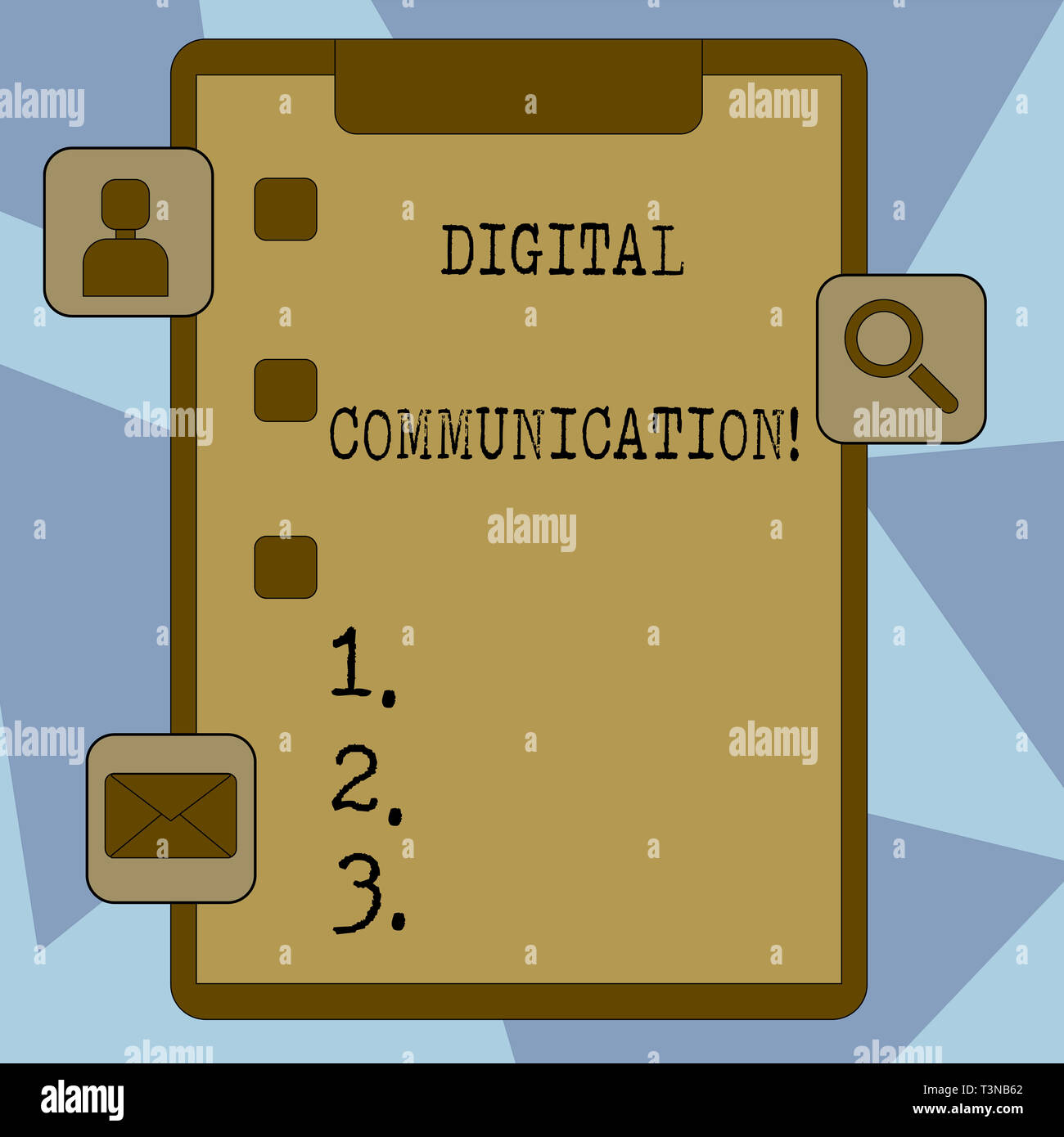 Text sign showing Digital Communication. Business photo showcasing exchange of data that transmits in a digital form Clipboard with Tick Box and 3 App Stock Photo