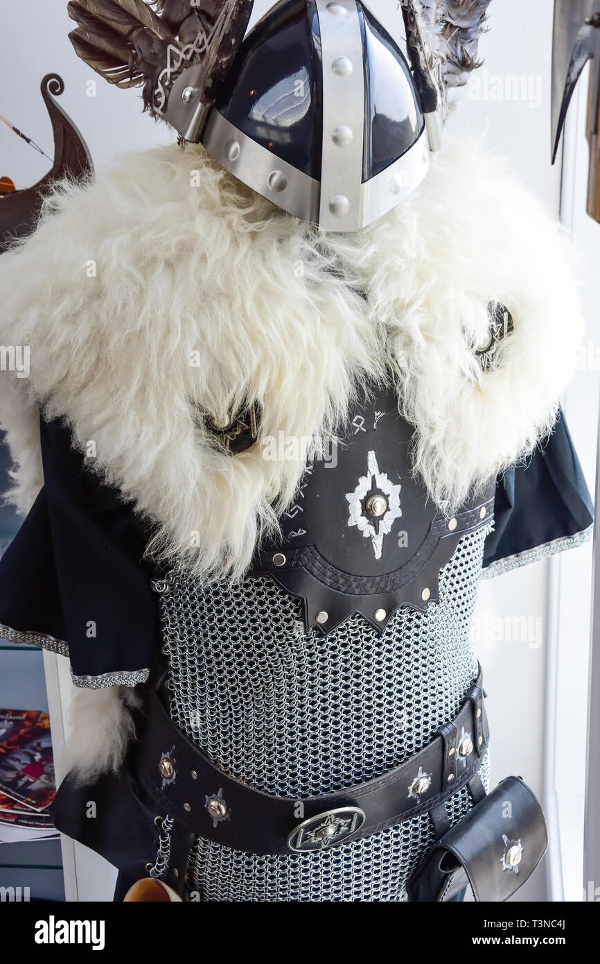 Viking suit of armour in Hoswick Visitor Centre, Hoswick village, Dunrossness Parish, Shetland, Northern Isles, Scotland, United Kingdom Stock Photo