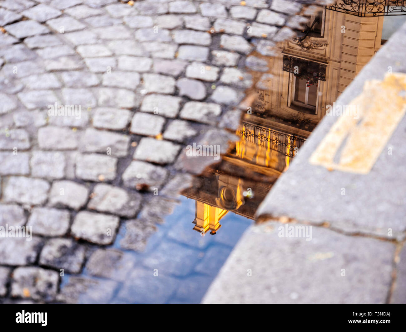 Reflection of luxury parisian apartments building in Haussmannian style in the water poodle on the cobblestone road pavement  Stock Photo