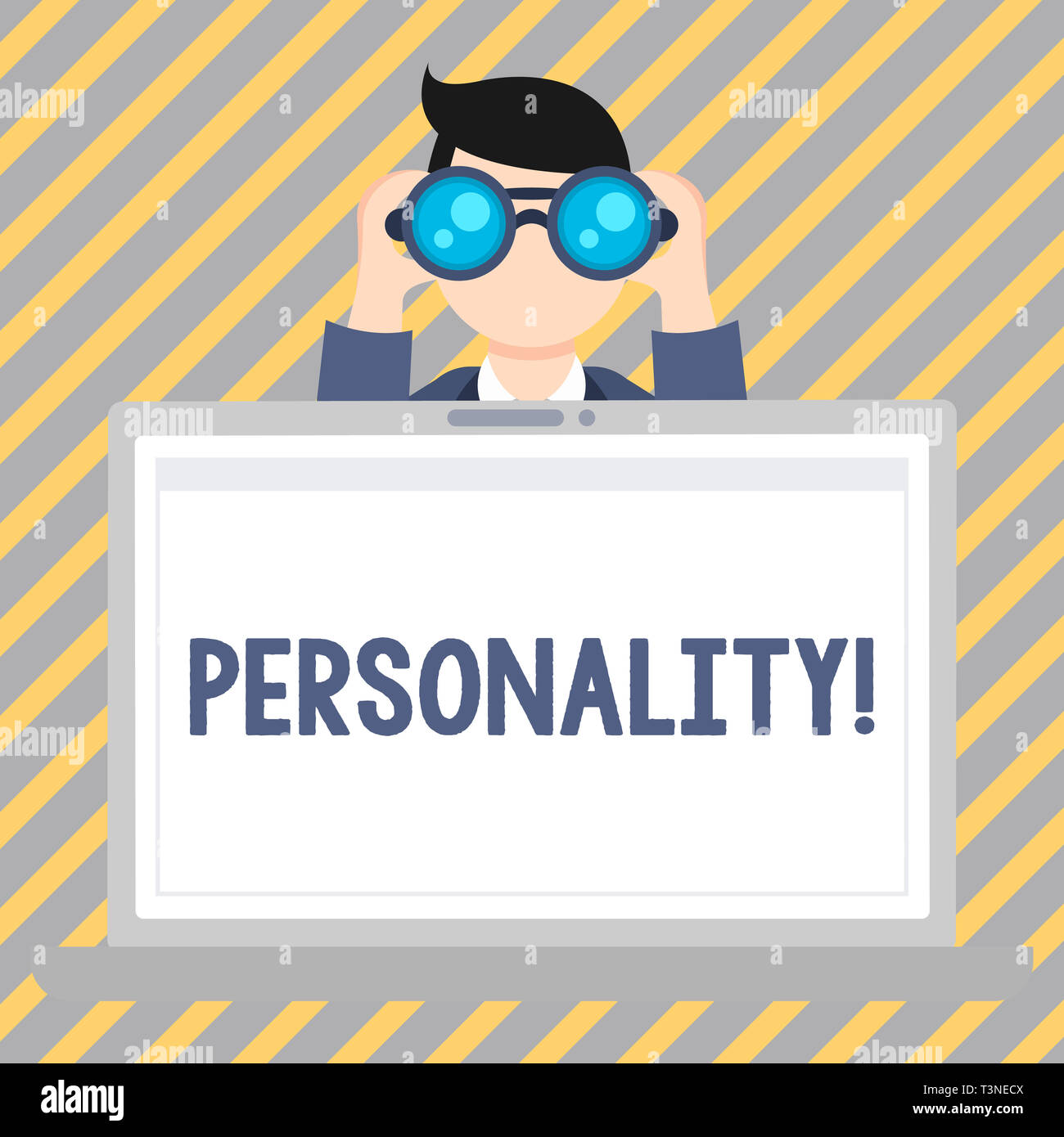 Text sign showing Personality. Business photo showcasing combination characteristics that form individuals character Man Holding and Looking into Bino Stock Photo