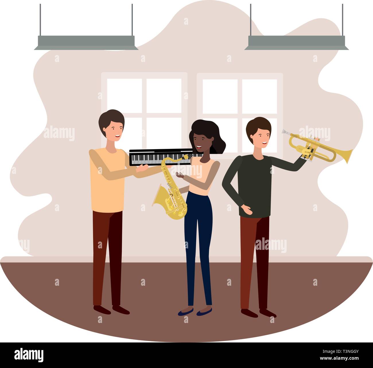 group of people with musical instruments in living room Stock Vector ...