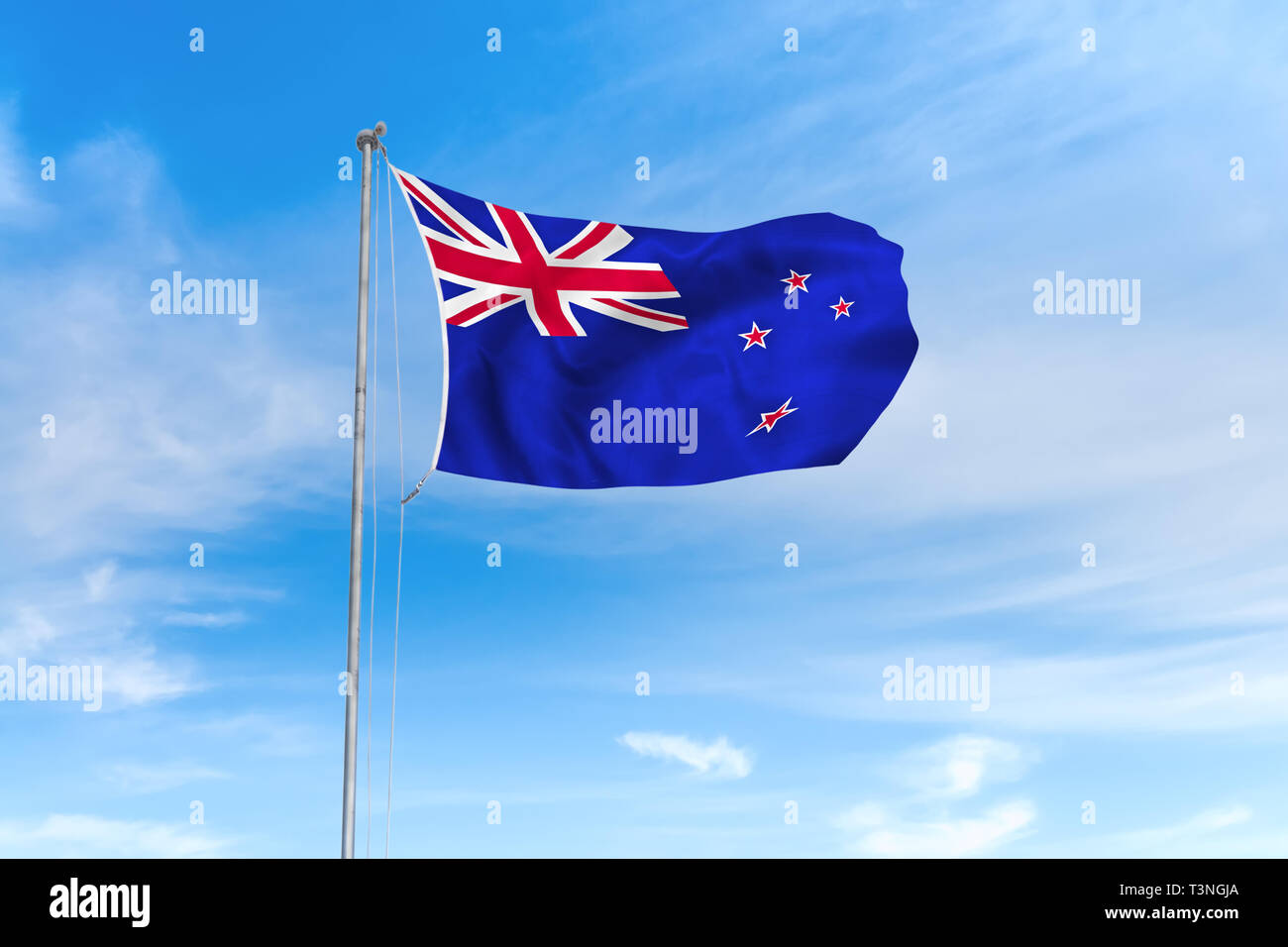 New Zealand flag blowing in the wind over nice blue sky background Stock Photo