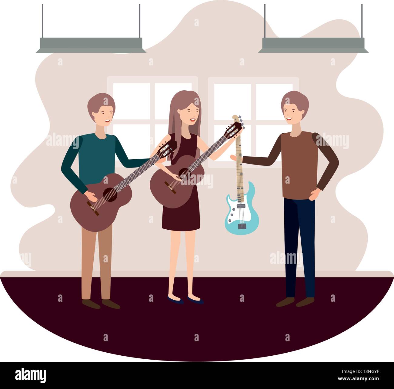 group of people with musical instruments in living room Stock Vector ...