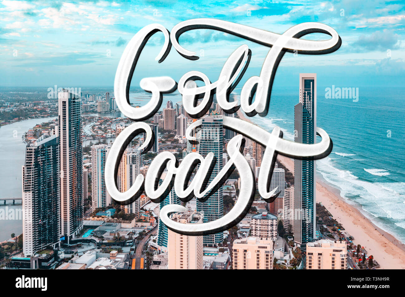 Gold Coast spray paint lettering over aerial photograph of Gold Coast