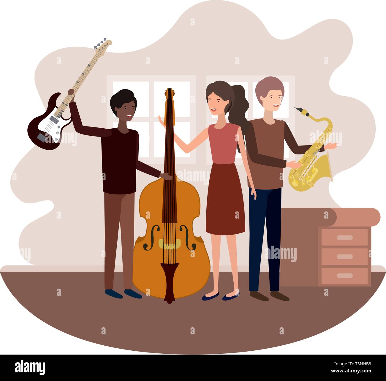 group of people with musical instruments in living room Stock Vector ...