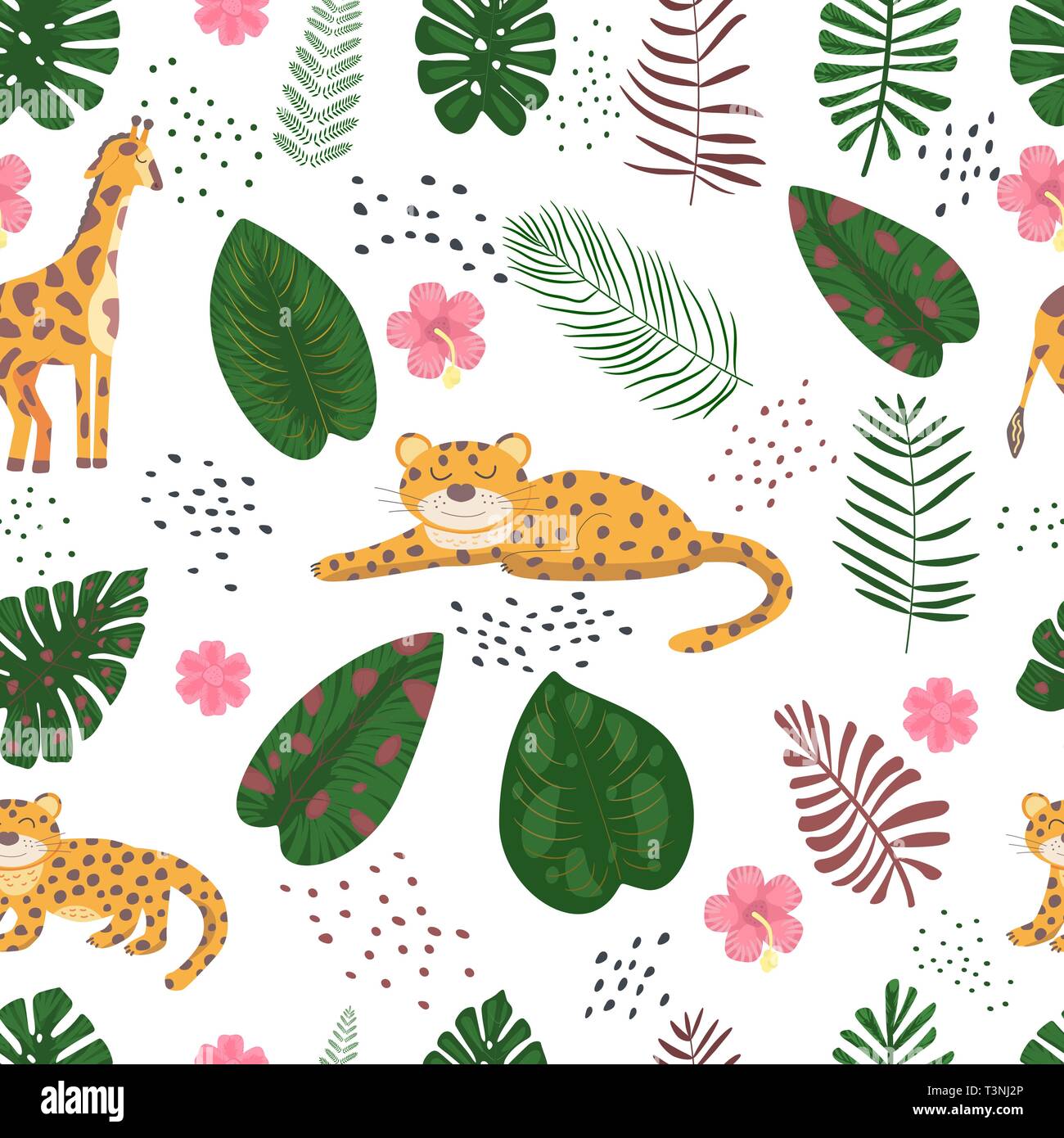 Tropical Seamless pattern with leopard, giraffe, palm leaves Stock Vector