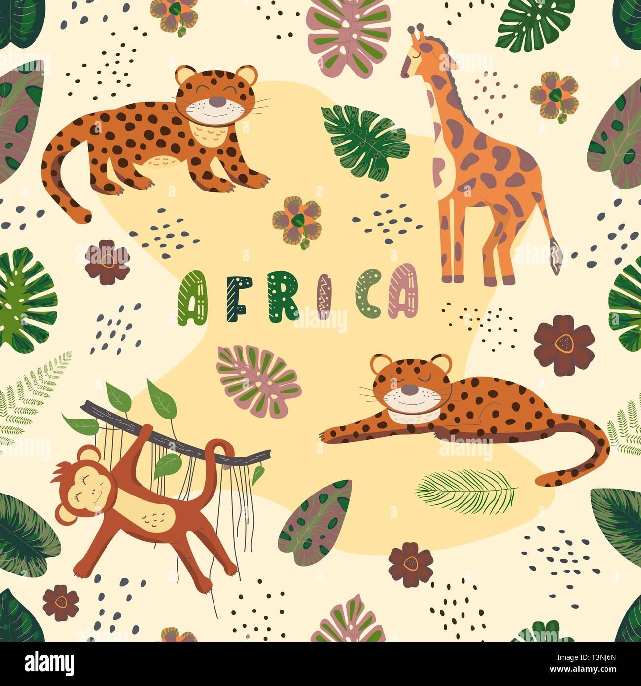 Tropical Seamless pattern with leopard, giraffe, palm leaves Stock Vector
