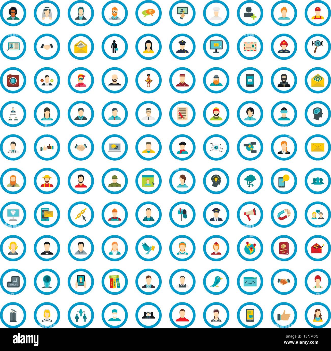100 social communication icons set, flat style Stock Vector
