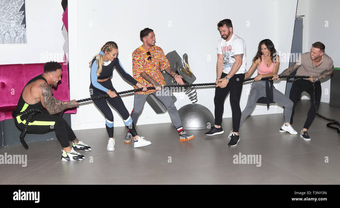 (L to R) Ashley Cain, Georgia Harrison, Stephen Bear, Johnny Bananas, Nany Gonzalez and Kyle Christie from MTV’s brand new series, The Challenge: War Of The Worlds attend press launch at MTV HQ, Hawley Crescent, Camden Stock Photo