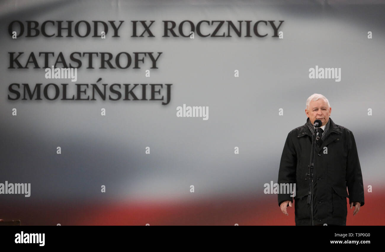 The 9th anniversary of Smolensk air disaster killing 96 people including Poland's First Couple Lech Kaczynski and Maria Kaczynska is held on April 10, 2019 in Warsaw, Poland.   Law and Justice leader Jaroslaw Kaczynski Stock Photo