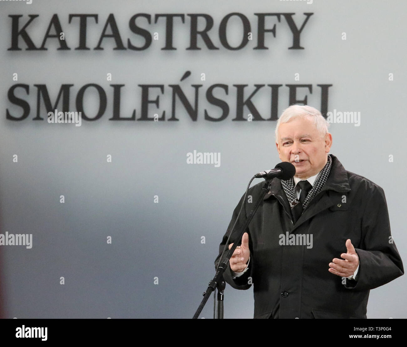 The 9th anniversary of Smolensk air disaster killing 96 people including Poland's First Couple Lech Kaczynski and Maria Kaczynska is held on April 10, 2019 in Warsaw, Poland.   Law and Justice leader Jaroslaw Kaczynski Stock Photo