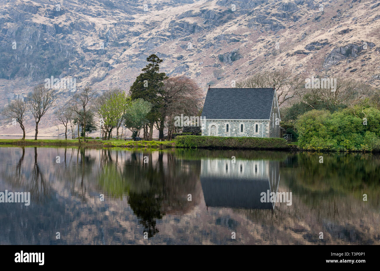 Gougane Barra, Cork, Ireland. 11th April, 2019. A peaceful calm morning at the unspoilt St. Finbarr's Oratory, which is located in the 350 acre national forest in Gougane Barra in Co. Cork, Ireland. Credit: David Creedon/Alamy Live News Stock Photo