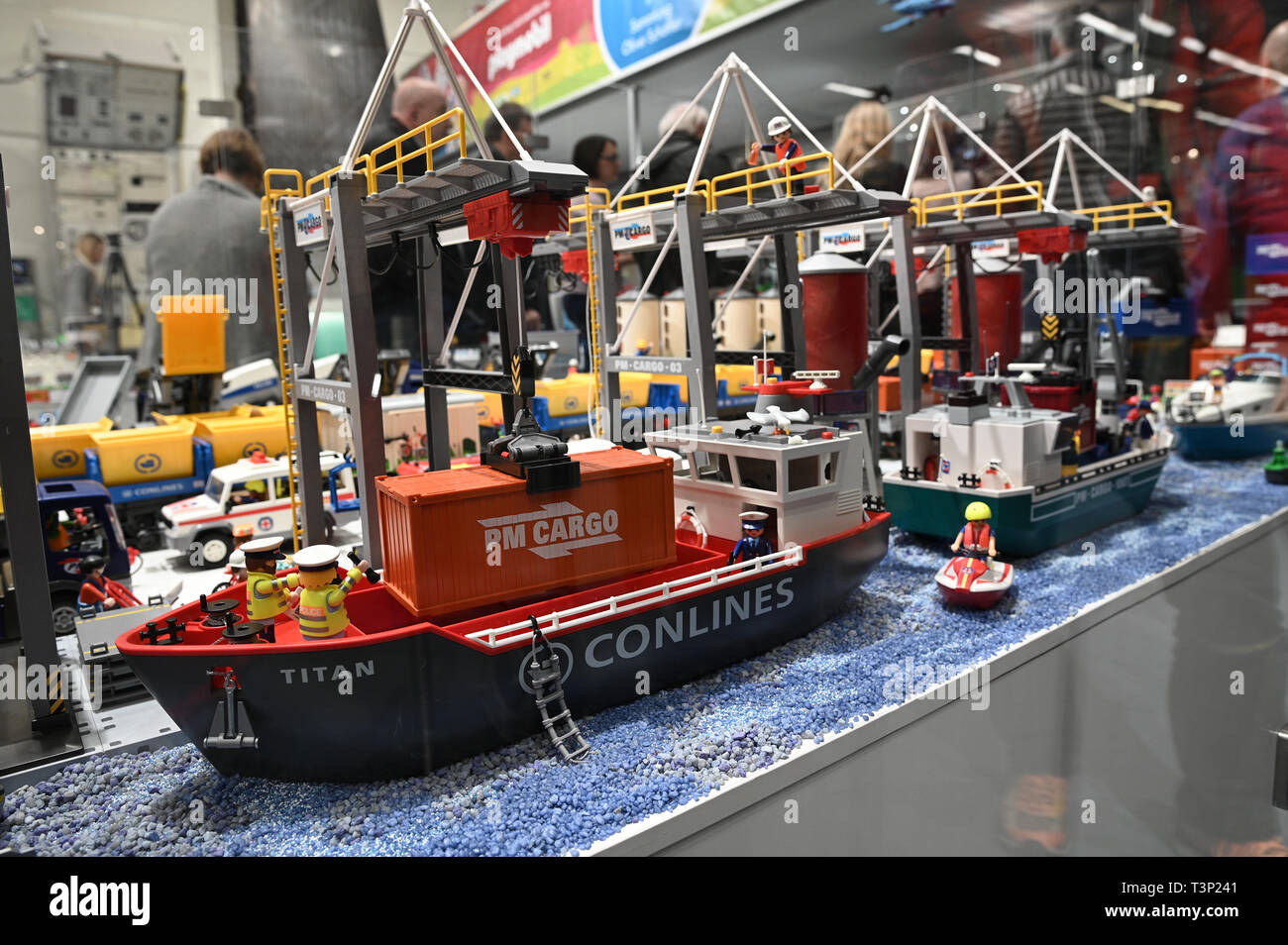 Bonn, Germany. 11th Apr, 2019. A harbour made of Playmobil parts can be  seen during a press tour of the exhibition "Playmobil - Technikgeschichten  - Sammlung Oliver Schaffer" at the "Deutsches Museum"