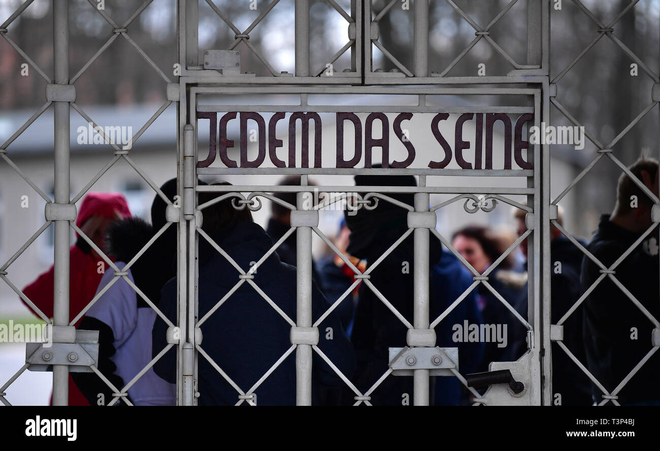 Weimar, Germany. 11th Apr, 2019. 'Jedem das Seine' stands at the camp gate, recorded on the day of the commemoration of the 74th anniversary of the liberation of the former Buchenwald concentration camp. Credit: Martin Schutt/dpa-Zentralbild/dpa/Alamy Live News Stock Photo