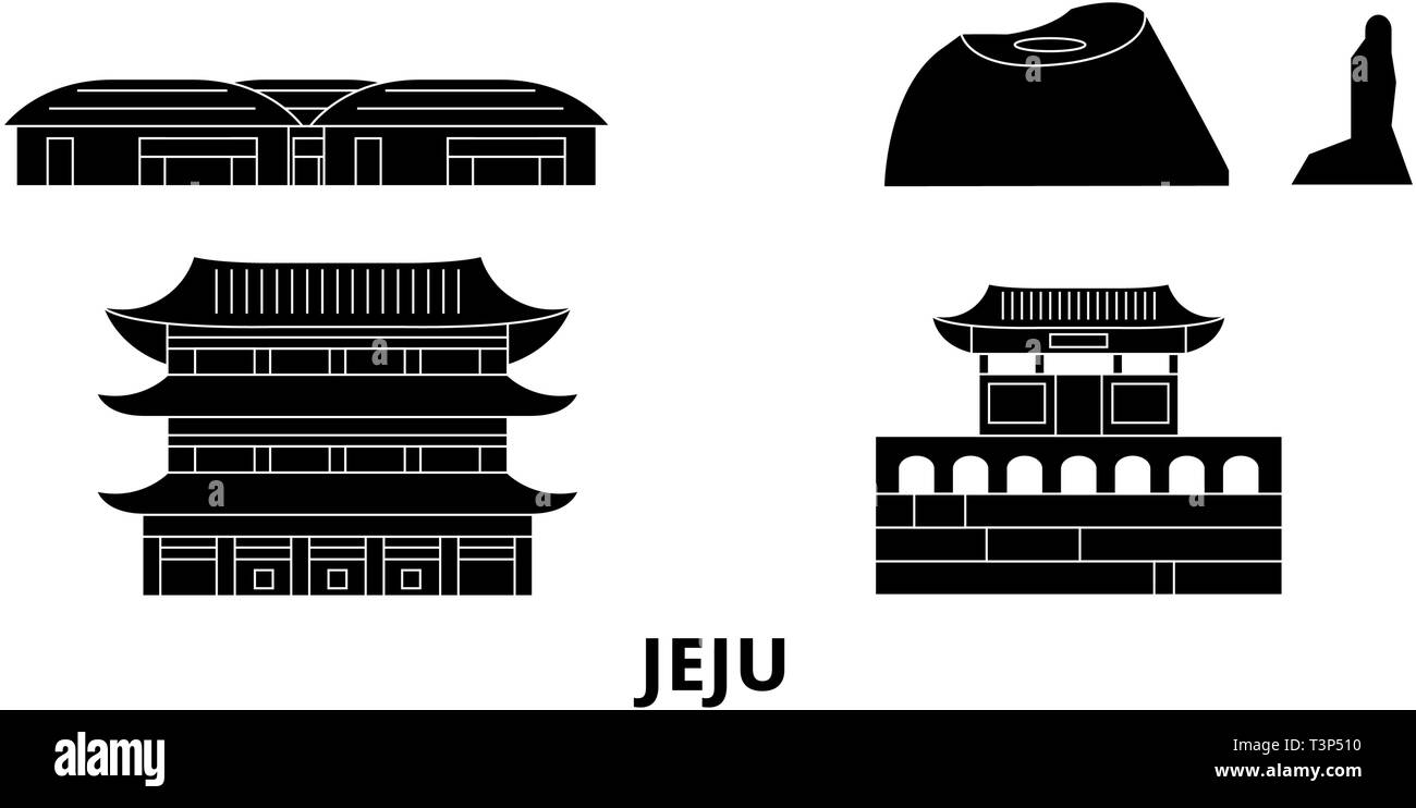 South Korea, Jeju flat travel skyline set. South Korea, Jeju black city vector illustration, symbol, travel sights, landmarks. Stock Vector