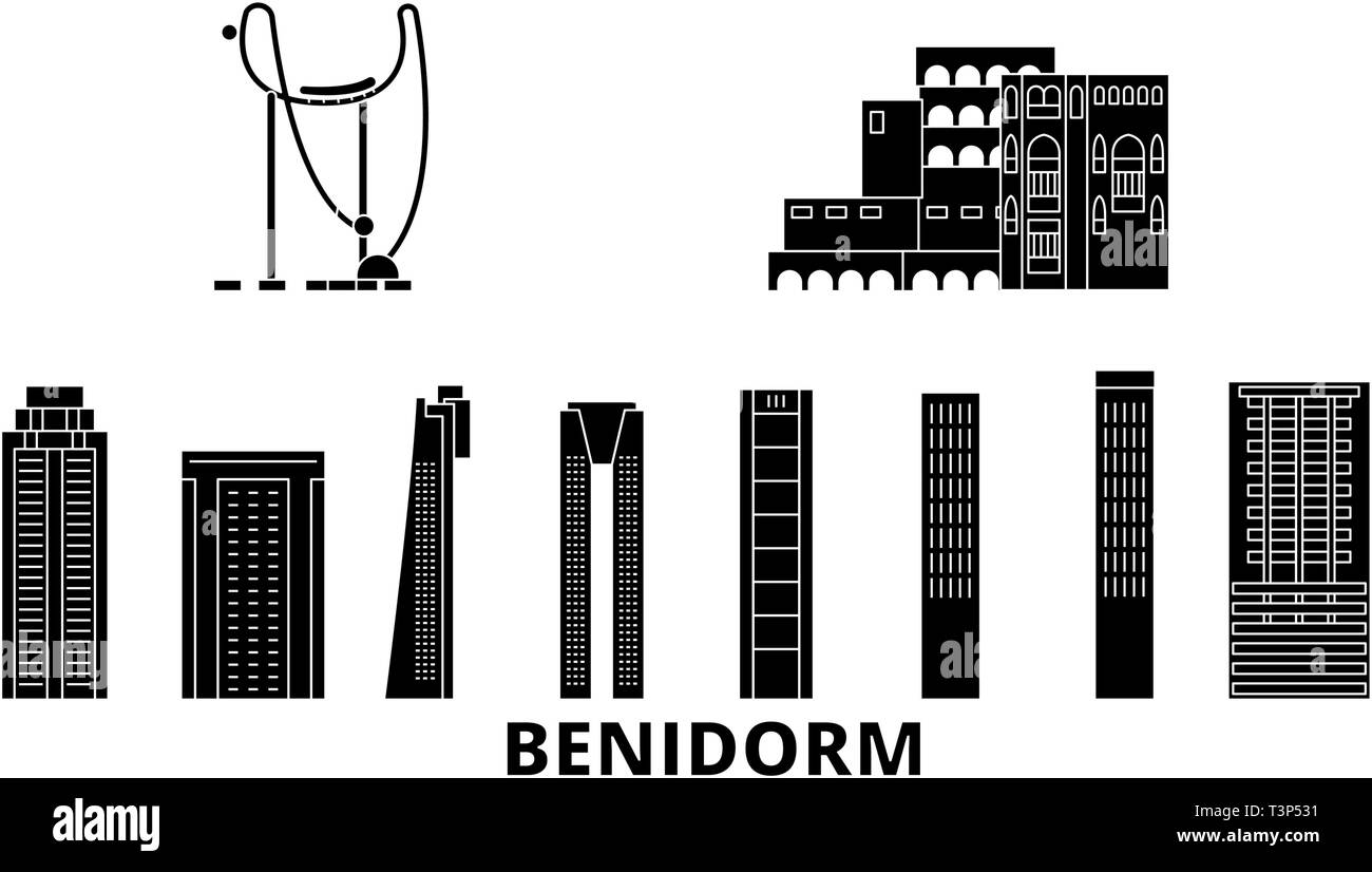 Spain, Benidorm flat travel skyline set. Spain, Benidorm black city vector illustration, symbol, travel sights, landmarks. Stock Vector