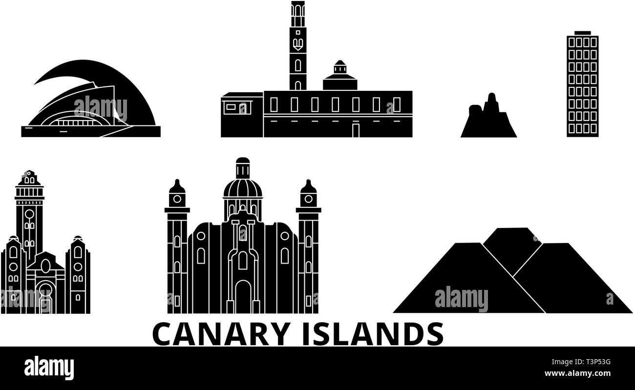 Spain, Canary Islands flat travel skyline set. Spain, Canary Islands black city vector illustration, symbol, travel sights, landmarks. Stock Vector