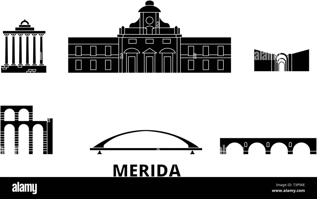 Spain, Merida flat travel skyline set. Spain, Merida black city vector illustration, symbol, travel sights, landmarks. Stock Vector