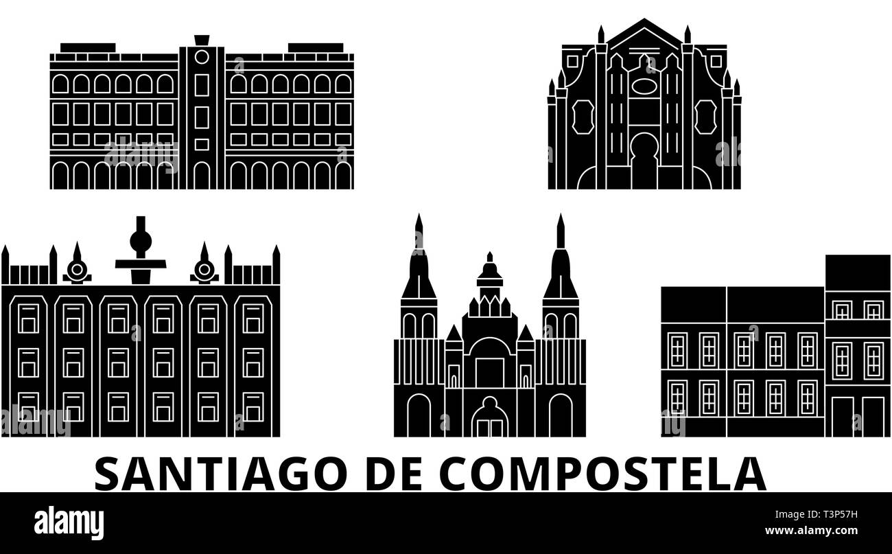 Spain, Santiago De Compostela flat travel skyline set. Spain, Santiago De Compostela black city vector illustration, symbol, travel sights, landmarks. Stock Vector