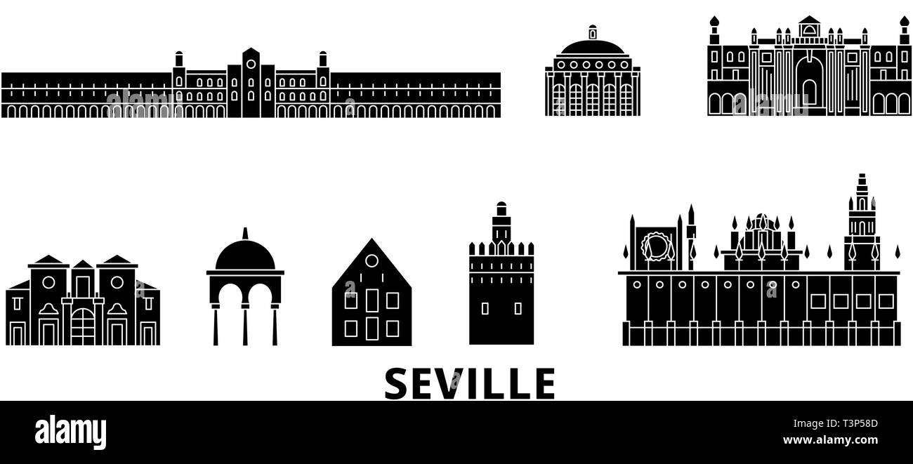 Spain, Seville flat travel skyline set. Spain, Seville black city vector illustration, symbol, travel sights, landmarks. Stock Vector
