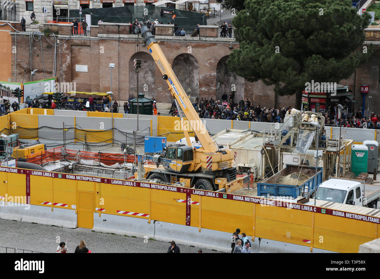 Work on the Rome Metro Line C extension continues near the Colosseum, due to open in 2022 Stock Photo