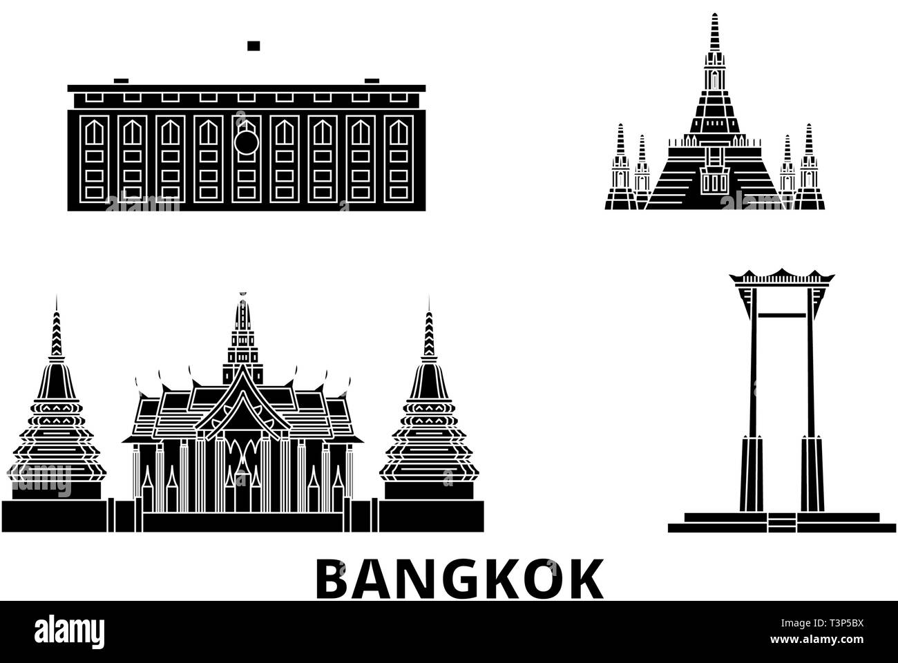 Thailand, Bangkok flat travel skyline set. Thailand, Bangkok black city vector illustration, symbol, travel sights, landmarks. Stock Vector