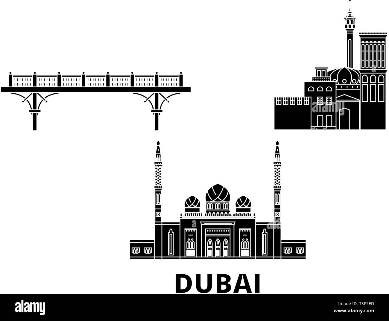 United Arab Emirates, Dubai flat travel skyline set. United Arab Emirates, Dubai black city vector illustration, symbol, travel sights, landmarks. Stock Vector