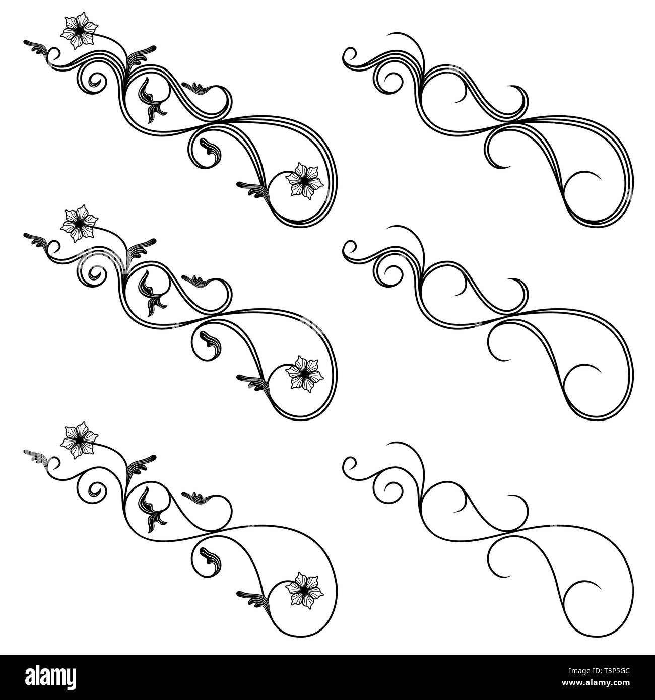 Set of border swirl design elements for frame and others, hand drawn vector illustrations Stock Vector