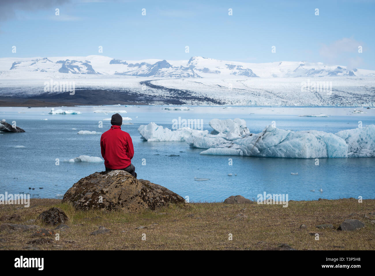 Man traveler in red jacket sits on the shore of a lake. Summer landscape with glacial lagoon, glacier and icebergs in the southeast of Iceland, Europe Stock Photo