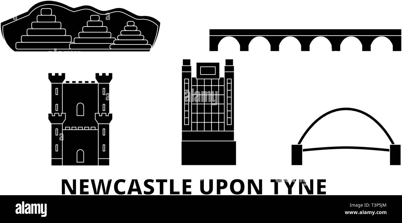 United Kingdom, Newcastle Upon Tyne flat travel skyline set. United Kingdom, Newcastle Upon Tyne black city vector illustration, symbol, travel sights Stock Vector