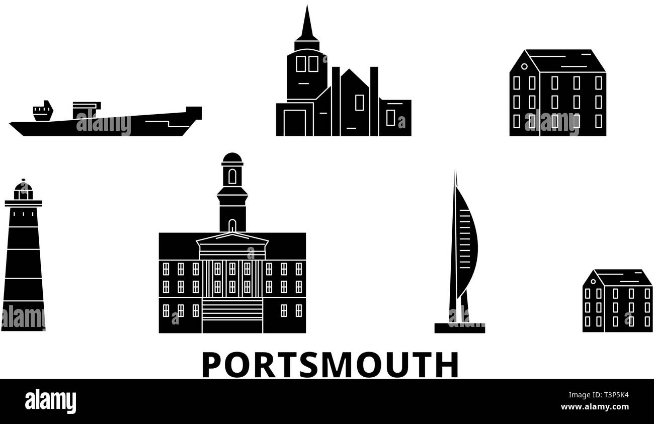 United Kingdom, Portsmouth flat travel skyline set. United Kingdom, Portsmouth black city vector illustration, symbol, travel sights, landmarks. Stock Vector