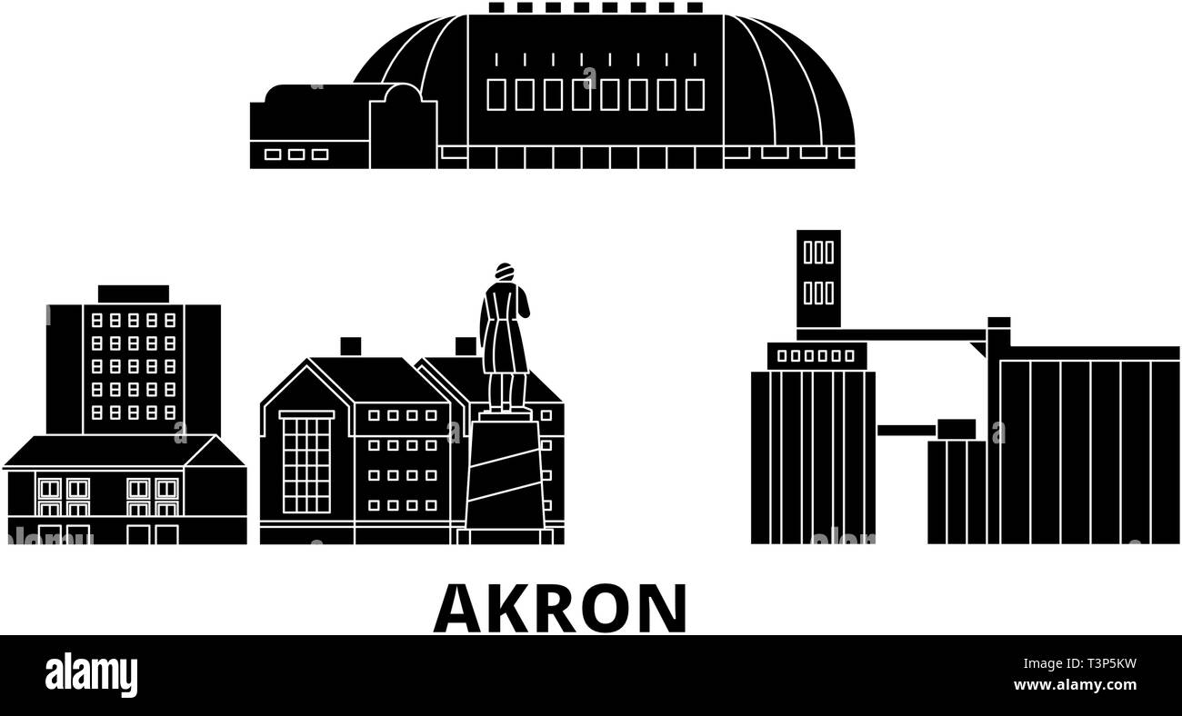 United States, Akron flat travel skyline set. United States, Akron black city vector illustration, symbol, travel sights, landmarks. Stock Vector