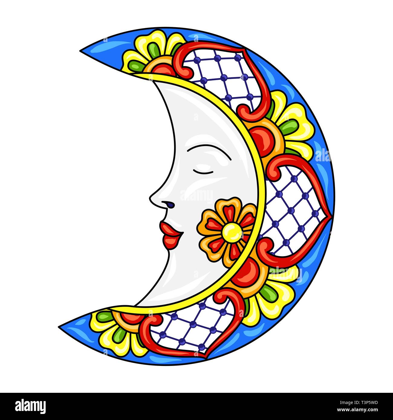 Mexican moon with ornamental flowers. Stock Vector