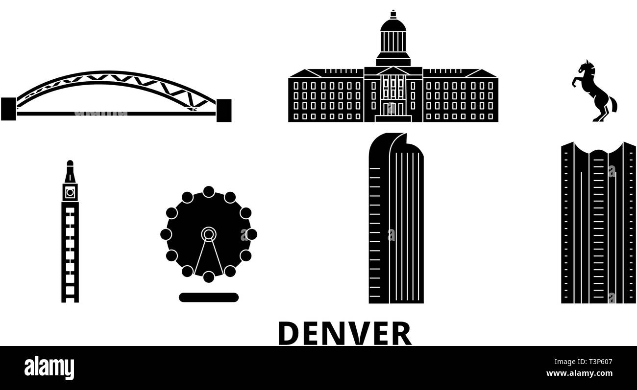 United States, Denver flat travel skyline set. United States, Denver black city vector illustration, symbol, travel sights, landmarks. Stock Vector