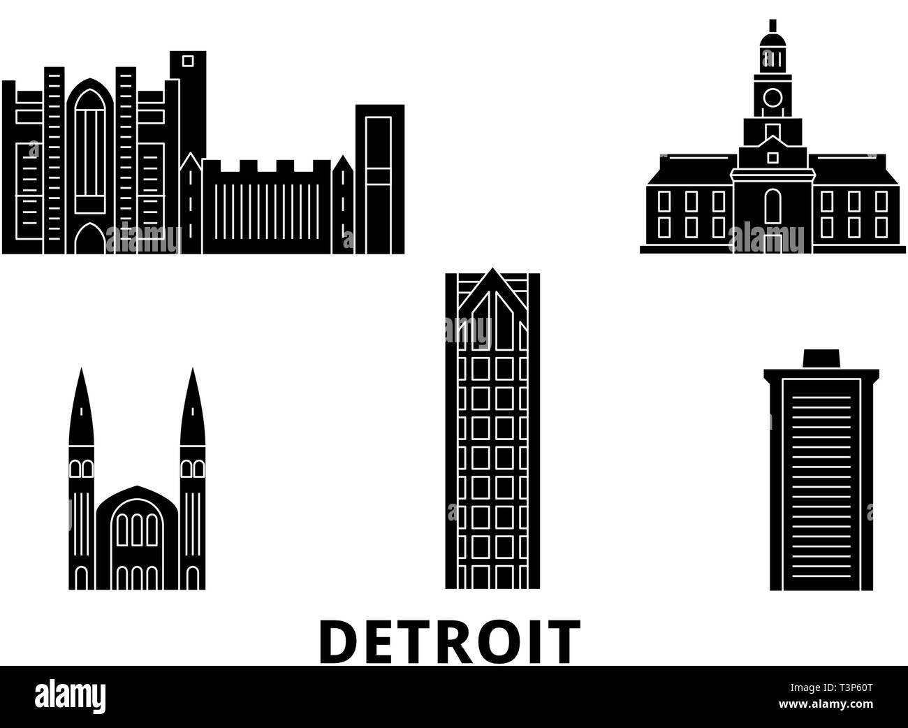 United States, Detroit flat travel skyline set. United States, Detroit black city vector illustration, symbol, travel sights, landmarks. Stock Vector